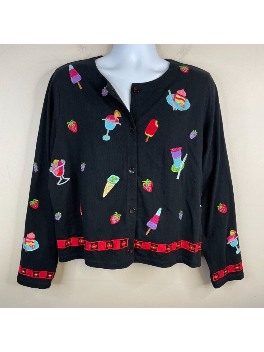 Michael Simon Lite Cardigan Womens 1X Ice Cream Cake Embroidered Knit Vintage